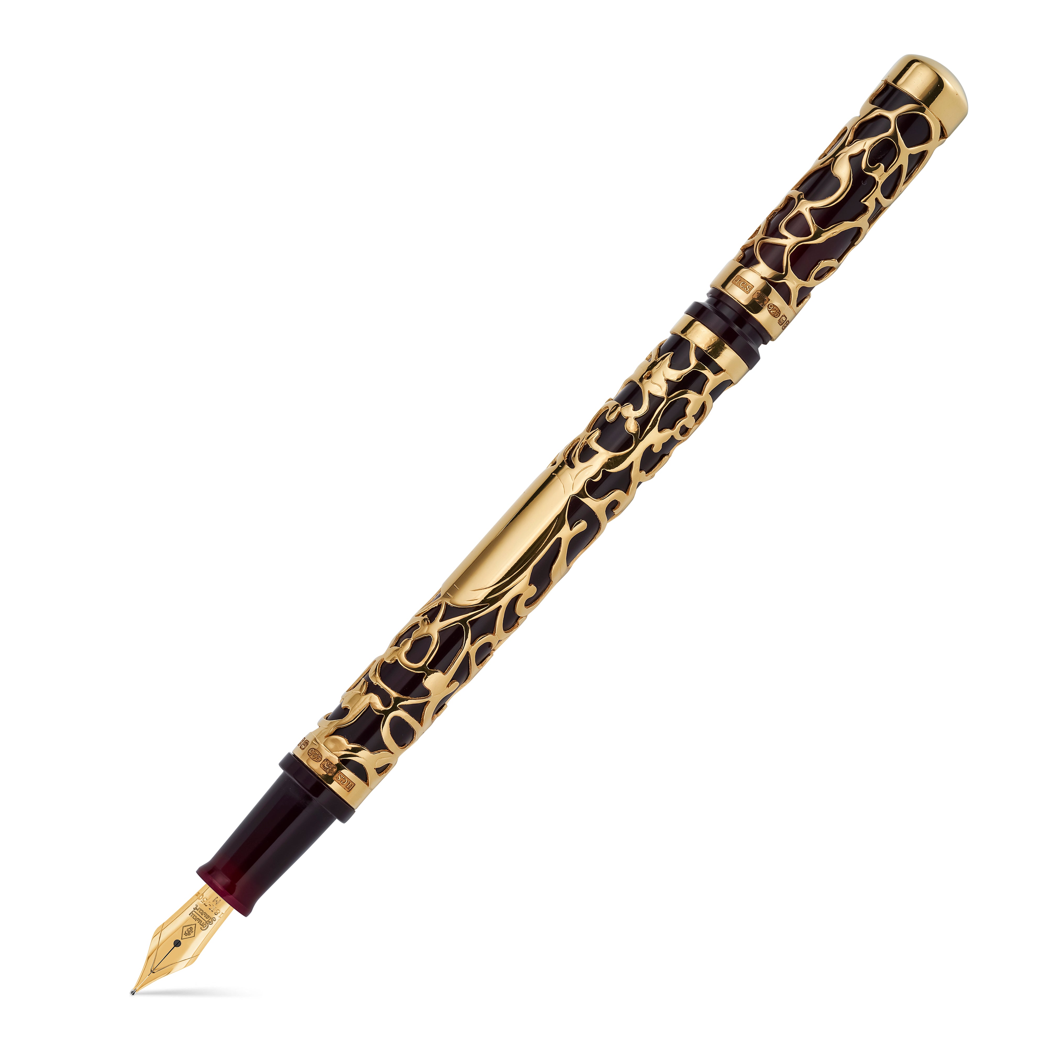 Henry Simpole Myrtle Vermeil fountain pen, capped — gold filigree overlay on deep burgundy